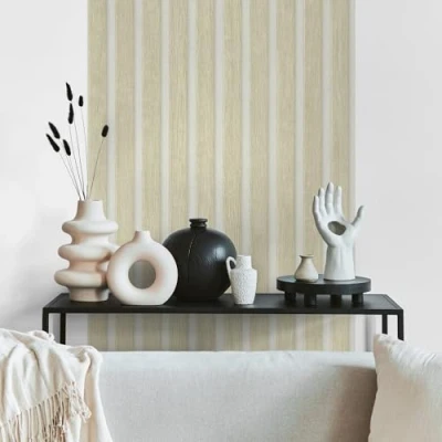 Imagen de Papel pintado Paneles de madera Autoadhesivos Escandinavos Beige Blanco 3D aspecto 0,52 x 2,5 m Fabricado en Alemania