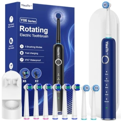 Imagen de Cepillo de Dientes Eléctrico Rotación Adultos con 8 Cabezales Electrico Estuche Viaje, 5 Modos, IPX7 Impermeable, Viaje Recargable, Azul
