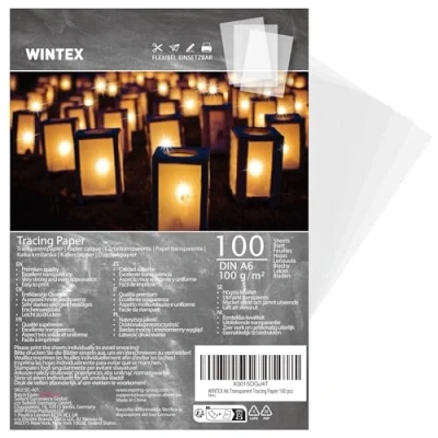Imagen de WINTEX Papel transparente impresora A6 Set de 100x láminas cebolla 102 g/m² manualidades plantillas para calcar Hojas color blanco tránlucido