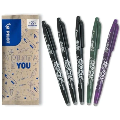Imagen de PILOT Caja de 5 FriXion Ball Bolígrafo borrable con tinta termosensible rollerball recargable 3 Negro, Azul, Morado Punta Media