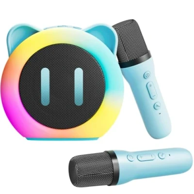 Imagen de Karaoke 2 Microfonos Inalambricos Micrófono Bluetooth Niña con Luces LED Regalo Juguetes para Niños Cambiador de Voz (Azul)
