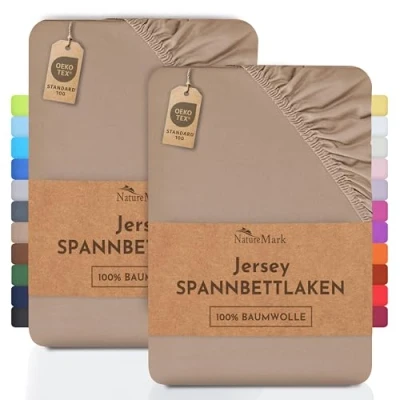 Imagen de NatureMark 2 sábanas bajeras Ajustables. De algodón. Calidad Ökotex Standard 100, 100% algodón, 2er Pack 70x140 cm Kinder, Arena/Beige