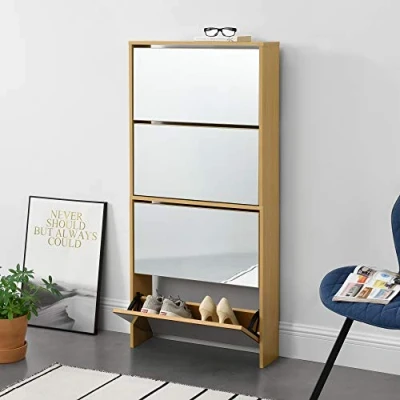 Imagen de [en.casa] Zapatero con Espejo 134 x 63 17cm 4 Compartimentos de Almacenamiento Mueble Organizador Zapatos Color Haya