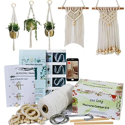Imagen de 3MM cordón de macramé Cuerda Kit algodón con anillos madera Cuentas Palos S Ganchos Anillo metal O