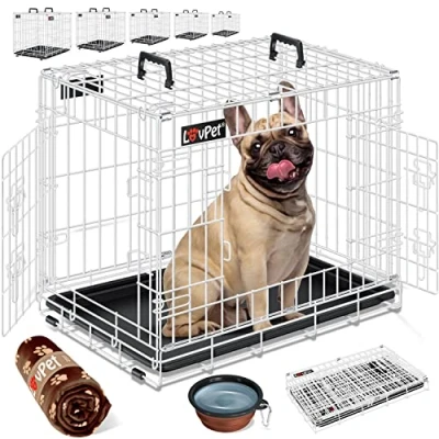 Imagen de LOVPET® Jaula Plegable para Perros, Incl. Manta Polar + Comedero Bandeja Base, Perros con 2 Puertas, Transportín Mascotas, 77,5x48,5x55,5cm Negro M