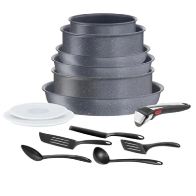 Imagen de Tefal Ingenio Natural On Juego 6 piezas + Mango extraíble Tapas 5 Accesorios Revestimiento antiadherente Mineralia,indicador de temperatura, fabricado en Francia, apto para inducción