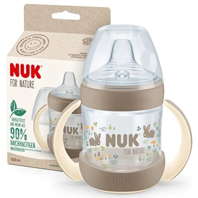 Imagen de NUK for Nature Vaso para beber de 6 a 18 meses, 150 ml, asas y boquilla silicona sostenible similar al pecho, prueba fugas, anticólicos, control temperatura, sin BPA, color beige