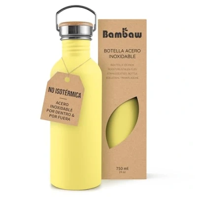 Imagen de Bambaw Botella agua acero inoxidable 750ml No Térmica, de amarilla, deportiva, reutilizable agua, sin BPA Amarillo girasol