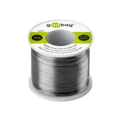 Imagen de Goobay 40851 Estaño para soldar sin plomo; ø 0,56 mm, 250 g de soldadura marca respetuosa con el medio ambiente un contenido plata (Ag) 0,3%