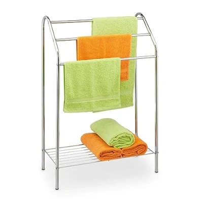 Imagen de Relaxdays Toallero de Pie con 3 Barras Escalonadas, Balda, Acero, 83,5 x 57,5 25,5 cm, Colgador Toallas Baño, Plateado