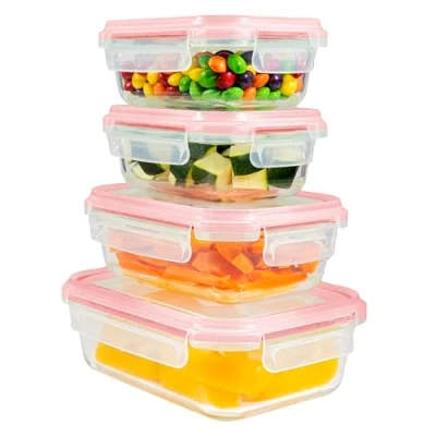 Imagen de Home Fleek Recipientes De cristal Para Alimentos Hermeticos Con Tapa Tapers Comida Hermetico, Ahorro Espacio Microondas, Horno Y Congelador (Pack 4, Rojo)