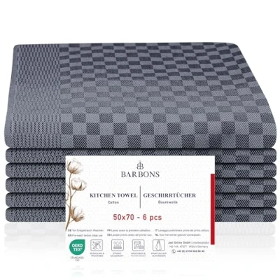 Imagen de BARBONS 6 Paños de Cocina Premium 240 g/m² 85 g Trapos 100% Algodon Certificado Öko Tex Muy absorbentes Azulejo Cuadrado Negro Antracita (50x70 cm)
