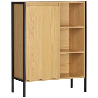 Imagen de kleankin Armario Auxiliar de Baño con 1 Puerta y 3 Estantes Abiertos Mueble para Salón Aseo Dormitorio Estilo Industrial 60x28x80 cm Roble
