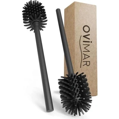 Imagen de ovimar brosse de rechange Lindoya Lot 1 Manche et 2 têtes Noir en acier inoxydable WC avec tête silicone interchangeable