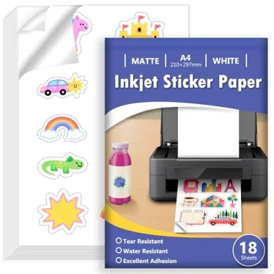 Imagen de Euqvunn 18 Hojas Papel Pegatina para Imprimir A4, Vinilo Imprimible Adhesivo Blanco Mate Impermeable, de Página Completa Impresoras Inyección Tinta, Secado Rápido, 210x297mm