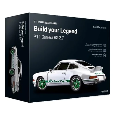 Imagen de FRANZIS 67217 Porsche Carrera RS Build Your Legend a True to Life Model Kit of 1:24 Scale, Powerful Sound Base and LED Showroom Lights Included Comprehensive accompanying Book