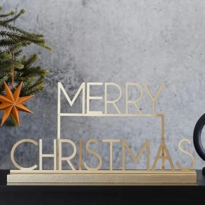Imagen de Ginger Ray Letrero de metal dorado con texto en inglés &quot;Merry Christmas&quot; para decoración chimenea