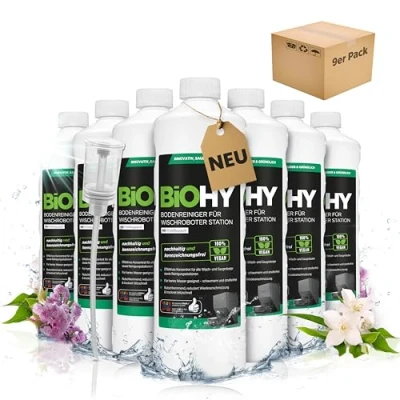 Imagen de BiOHY limpiador de suelos para robot estación con aroma primaveral (9 x 1 litro) + dosificador, detergente concentrado todos los robots limpiadores y aspiradores función húmeda,
