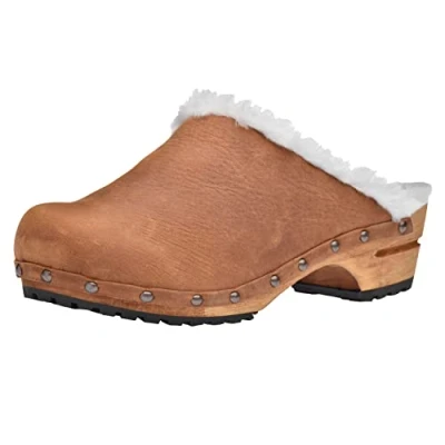 Imagen de Sanita Hese Zuecos Abiertos Producto Artesanal Original para Mujer de Piel con Suela Madera y Forro Lana Marrón 39 EU