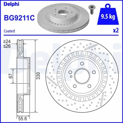Imagen de DELPHI BG9211C Disco de freno 330 26 5 ventilado revestido altamente carbonizado sin cojinete rueda, anillo sensor ABS