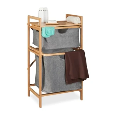 Imagen de Relaxdays Cesto para Ropa Sucia, Sacos Extraíbles, 2 Compartimentos y Estante, Canasto de Bambú Tela, Natural/Gris, Algodón, 85 x 44 33 cm