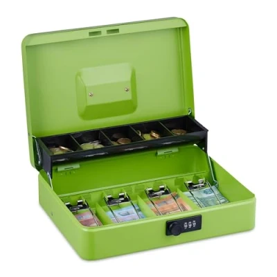Imagen de Relaxdays Caja Dinero, Combinación 3 Números, Bandeja para Monedas y 4 Espacios Billetes, Cajita Efectivo, Verde, Hierro, 8,5 x 30,5 24,5 cm