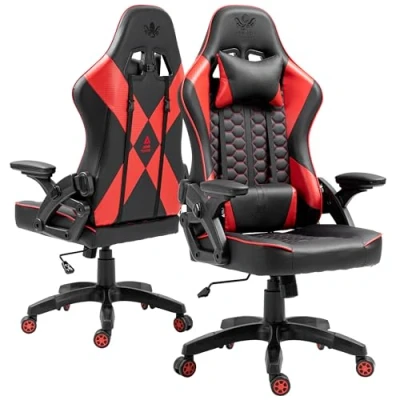 Imagen de KRAKEN CHAIRS Silla Gaming de Piel sintética Oficina Ergonómica Sillón Altura Ajustable giratoria Reposabrazos Cojín Lumbar Negro Rojo