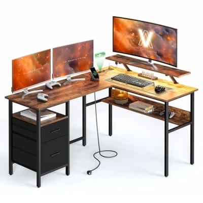 Imagen de VASAGLE Escritorio en Forma de L con Tomas Corriente, Soporte Monitor, Esquinero, para Juegos Luces LED, 2 Cajones, Fácil Montar, Oficina Casa, Marrón Rústico LWD095K01