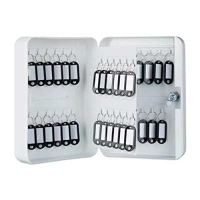 Imagen de Relaxdays, 25 x 18 7,5 cm Caja para Llaves con Cerradura, 48 Ganchos, llaveros, Metal, Blanco, Hierro, 5