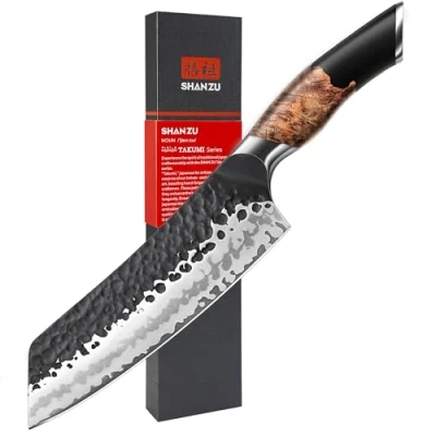 Imagen de SHAN ZU Cuchillo Santoku Japonés Forjado a Mano, de Cocina 9,5 cm, 7 Capas Cocinero Afilado Acero 9Cr18MOV, Profesional para Verdura y Carne, Mango Madera Arce