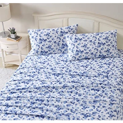 Imagen de Laura Ashley Juego de sábanas tamaño Queen, Ropa Cama Franela algodón Cepillado para Mayor suavidad y Comodidad (Azul Emelisa, Queen)
