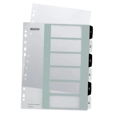 Imagen de Leitz 12140000 Separadores para A4+, paquete de 20, portada escribir en PC y 6 separadores, pestañas con números 1 6, gran ancho, blanco/negro, polipropileno, WOW