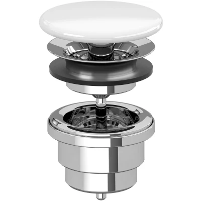 Imagen de Villeroy &amp; Boch válvula de desagüe sin rebosadero, no cerrable para lavabo, conjunto latón con cubierta cerámica, Ø 32 mm, Blanco alpino
