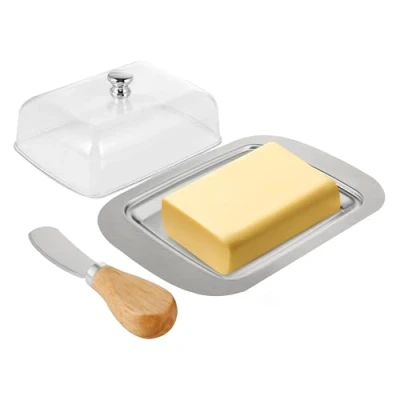 Imagen de Mantequillera de Acero Inoxidable Caja para Butter Dish con Tapa, Mango y Espátula Ideal como Soporte Mantequilla Queso, Pasteles, Postres Frutas Pequeñas