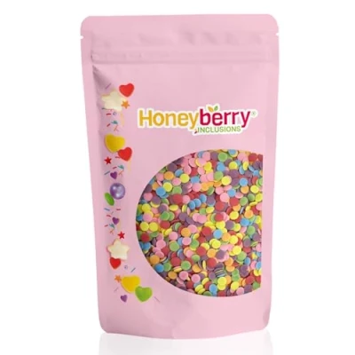 Imagen de HONEYBERRY INCLUSIONS Círculos grandes de confeti multicolor 200 g Decoración comestible alta calidad para hornear, decoraciones cupcakes y pasteles, helados, postres glaseados