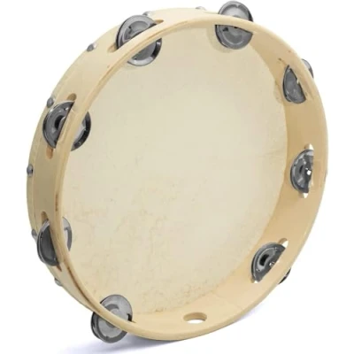 Imagen de ROCKSTAR Pandereta de Mano en Madera Color Natural TH1008T con Parche 8 Sonajas, (10&quot;) 25cm, Jingle. Instrumento Percusion