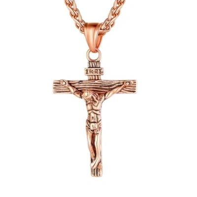 Imagen de U7 Collar Rosado de Cruz para Mujer Colgante Religioso Crucifijo Inri Jesús Cadena Resistente Acero Inoxidable Bañado en Oro Rosa