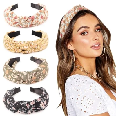 Imagen de DRESHOW 4 Piezas Diademas para Mujeres y Niñas Flor Impreso Anudado Plástico Diadema Moda Boho Ancho Antideslizante Pelo Accesorios