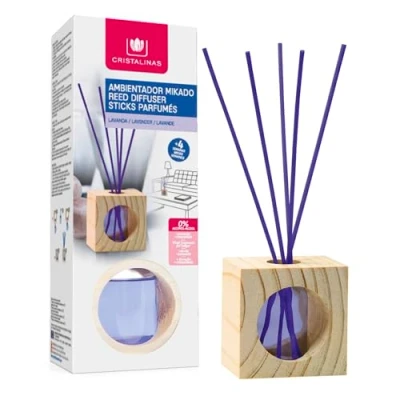 Imagen de CRISTALINAS Ambientador Mikado Cubo de Madera con Varillas ratán Aroma Lavanda 100% Puro Duración + 4 Semanas 30ml 0% Alcohol