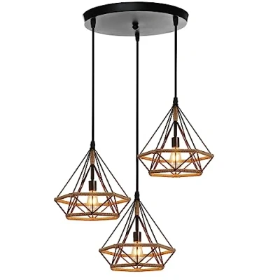 Imagen de PETITES ECREVISSES Lámpara Colgante Vintage E27 de Techo industrial Metal con Cuerda Cáñamo Retro Diseño Jaula 25CM para Dormitorio Café Salón Pasillo (con base)