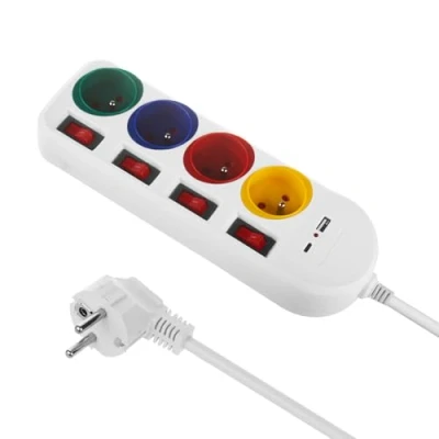Imagen de Maclean MCE508 Regleta de 4 Enchufes Tipo E con 2 Puertos USB (A y C) 5V/3.1A QC 2.0, C 18W PD Toma Múltiple, máx. 2500 W 10 A Cable 1,5 m (Blanco/Multicolor)