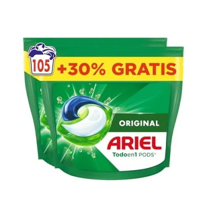 Imagen de Ariel PODs Todo En 1, Detergente Líquido Cápsulas Original, Elimina Manchas Y Olores 1 Lavado, 105 Lavados