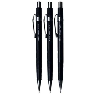 Imagen de Pentel 0.5mm (P205) Negro P200 Series Mecánico Automático Lápiz Recargable Cable Borrador P205 A (Paquete de 3) Negro, Pack Of 3