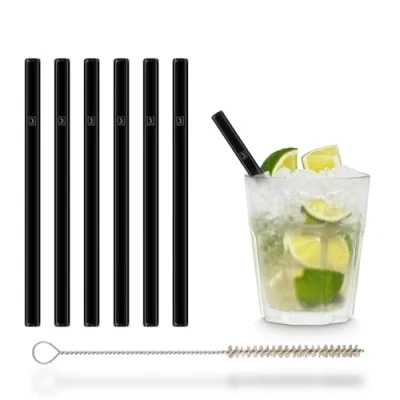 Imagen de HALM pajitas de vidrio negras cortas 6 unidades rectas 15 cm Set pajillas cristal reutilizables + cepillo limpieza sin plástico Sorbetes para vasos cóctel
