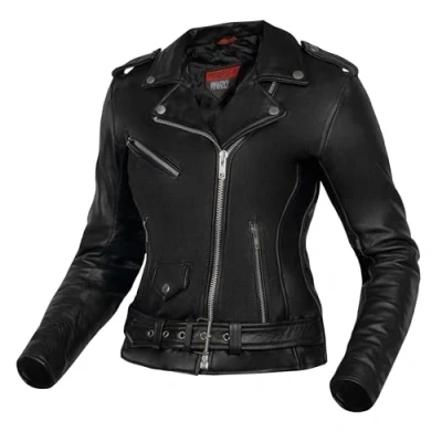 Imagen de OZONE Moto Classic Lady Chaqueta de Mujer Cuero Protectores Codos y Hombros 5 Bolsillos Ajuste Cintura
