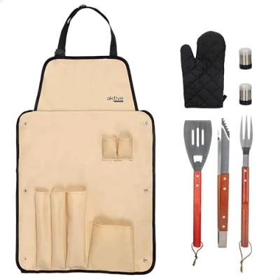 Imagen de AKTIVE 63010 Kit Accesorios para Barbacoa 7 Piezas, Pinzas Barbacoa, Espátula, Tenedor trinchador, Delantal, Guante y saleros, Juego de Utensilios barbacoas, Herramientas Parrilla