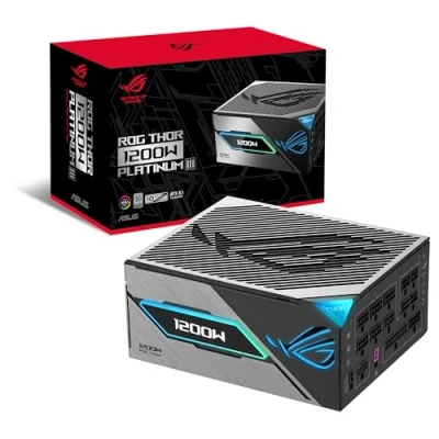 Imagen de ASUS ROG Thor 1200W Platinum III Fuente de alimentación, 80 Plus Platinum, ATX 3.1, MOSFET GAN, Estabilizador Voltaje Inteligente, Pantalla OLED magnética, Modo Turbo, 10 años protección