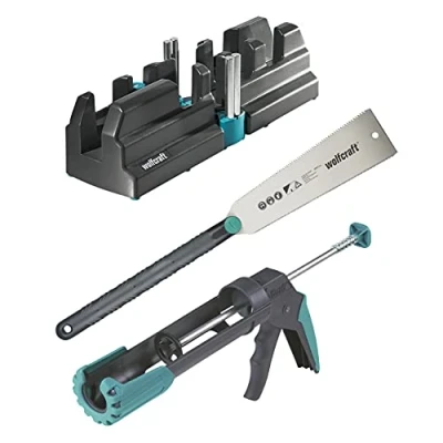 Imagen de wolfcraft Set para suelos perfectos &quot;Colocación de rodapiés&quot; I 6977000 Kit completo compuesto por caja ingletar y falsa escuadra, sierra japonesa pistola cartuchos MG 200