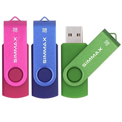 Imagen de SIMMAX Memoria Flash USB 32GB 3 Piezas Pen Drive 2.0 Giratoria Thumb (32GB Rosado Azul Verde)