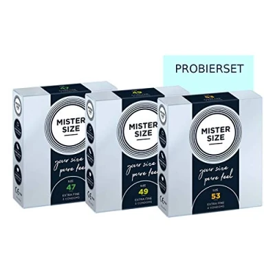 Imagen de MISTER SIZE Condones muy delicados al tacto (47 49 53 mm) 3x3 Juego de prueba/extra fino, extra húmedo/hecho látex caucho 100% natural su talla XS M
